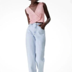 2/$28 ZARA Textured Weave Frayed Hem Crop Top Blouse Pink Size Small NWT